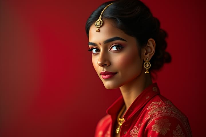  a bold, female, indian, fair body color, adult, model profession, showing red sandel, text write on sandel in calligraphy font style "komal's" hyperrealistic, full body, detailed clothing, highly detailed, cinematic lighting, stunningly beautiful, intricate, sharp focus, f/1. 8, 85mm, (centered image composition), (professionally color graded), ((bright soft diffused light)), volumetric fog, trending on instagram, trending on tumblr, HDR 4K, 8K