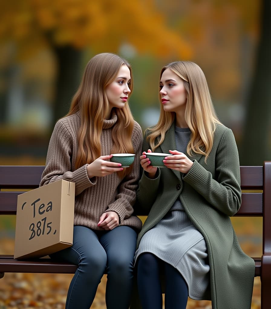  city ​​park, autumn, evening, beautiful russian blond girls are sitting on a bench in the park, drinking tea from bowls, next to the bench is chinese tea utensils, on the bench is a cardboard box with an inscription, text on box [drawing text] (with text “tea875"), hyper realistic, 4k