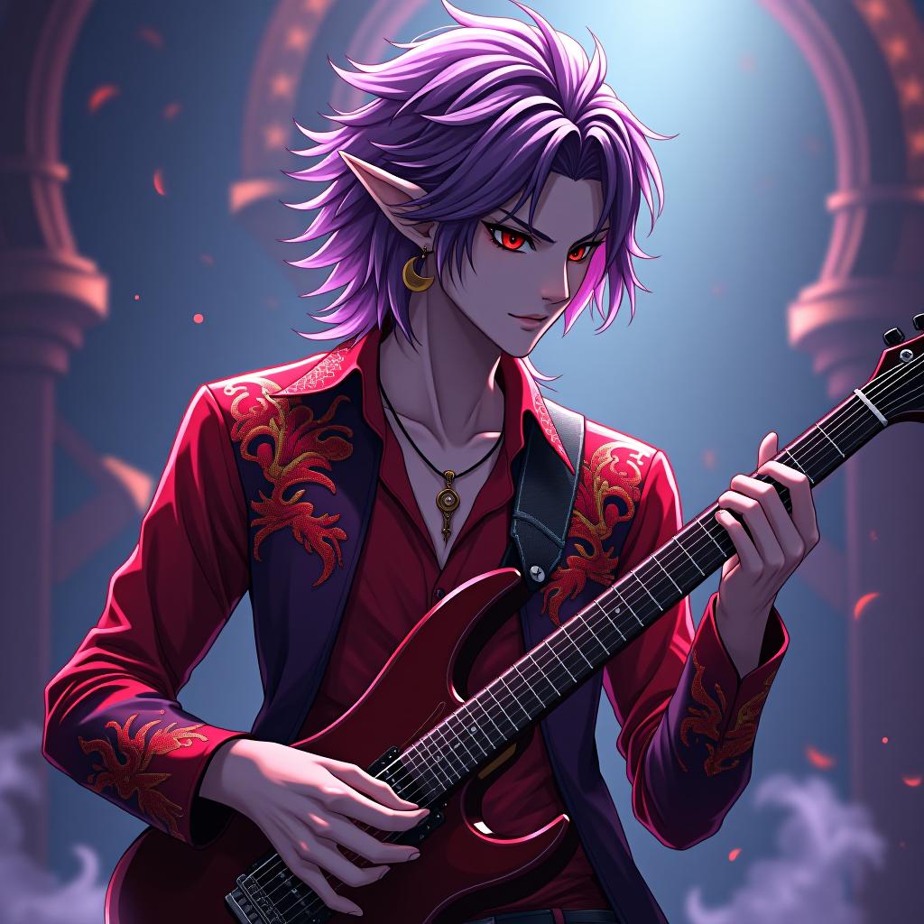  manga style dark elf is a male rock performer with a guitar in both hands marble white skin, purple scarlet hair, lavender eyes with a red tint, dressed in a red purple shirt embroidered with red gold, over the shirt he wears a semi jacket with a dark scarlet snake skin trim, hairstyle in the style of "hedgehog." there is an earring in the shape of a month in the right ear. crescent moon tattoo . vibrant, high energy, detailed, iconic, japanese comic style hyperrealistic, full body, detailed clothing, highly detailed, cinematic lighting, stunningly beautiful, intricate, sharp focus, f/1. 8, 85mm, (centered image composition), (professionally color graded), ((bright soft diffused light)), volumetric fog, trending on instagram, trending on tumblr, HDR 4K, 8K