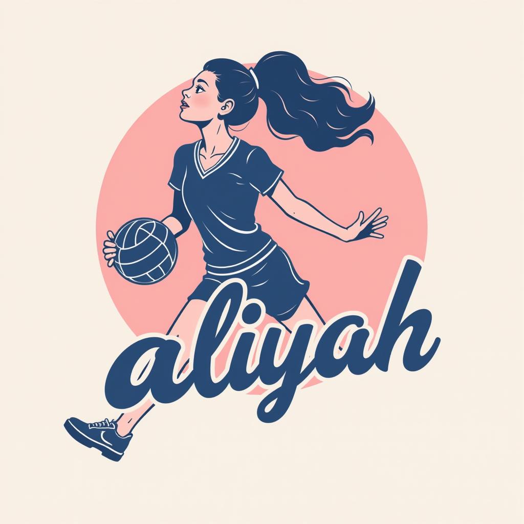  design a logo, logotipo minimalista en el tema de jugadora de volley ball atacando la red con el texto ‘aliyah’ colores blanco, rosa claro y azul marino . silueta de mujer adolescente con cabello ondulado