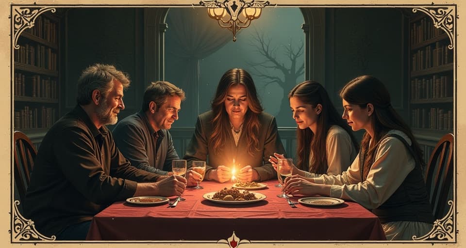  family gathered around table, warmth and laughter, sense of purpose, loving connection. an illustration in the style of a worn, mystical old tarot trump card, mysterious and elements of surrealism. the colors are muted, somber and eerie, but with contrast bring out an occult and esoteric vibe.