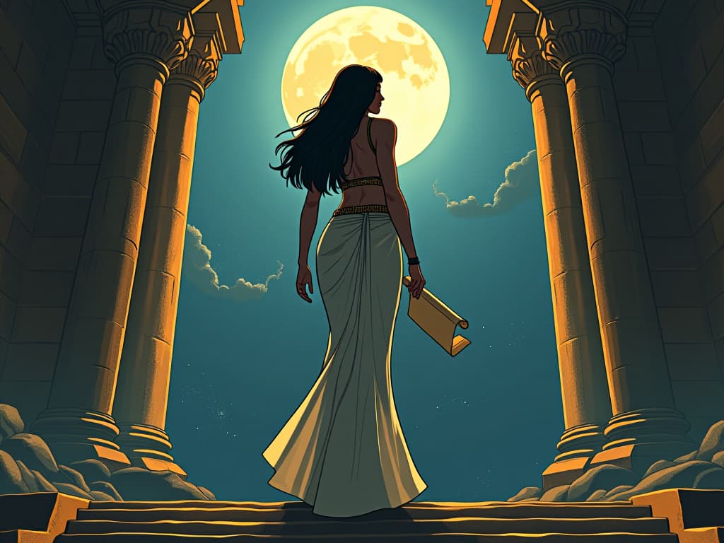  large busted goddess in form fitting attire holding a scroll, standing at the entrance of a temple under the full moon, symbolizing taking steps toward goals, illuminated by celestial energy. the style is digital art illustration / modern comic book / mysterious occult, symbolic, esoteric vibe,high detail on character design, incorporating ancient egyptian symbology and attire.