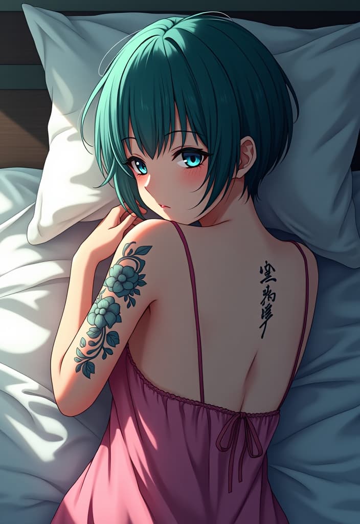  anime artwork centred, , japanese, , very short haircut, goth, thin silk pink nightie, lay on back, tatto on , heterochromia (green and blue), pale skin . anime style, key visual, vint, studio anime, highly detailed hyperrealistic, full body, detailed clothing, highly detailed, cinematic lighting, stunningly beautiful, intricate, sharp focus, f/1. 8, 85mm, (centered image composition), (professionally color graded), ((bright soft diffused light)), volumetric fog, trending on instagram, trending on tumblr, HDR 4K, 8K