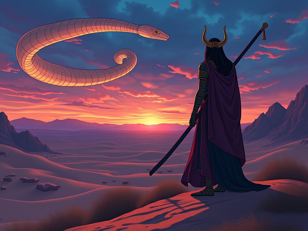  a mystical desert landscape under a twilight sky, dreamtime serpent spiraling out to create the world. the style is digital art illustration / modern comic book / mysterious occult, symbolic, esoteric vibe,high detail on character design, incorporating ancient egyptian symbology and attire.