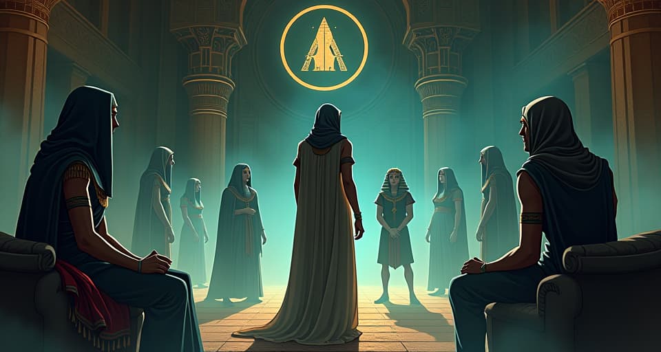  person deeply engrossed in conversation with ghostly figures, room filled with ancient symbols, ethereal atmosphere. the style is digital art illustration / modern comic book / mysterious occult, symbolic, esoteric vibe,high detail on character design, incorporating ancient egyptian symbology and attire.