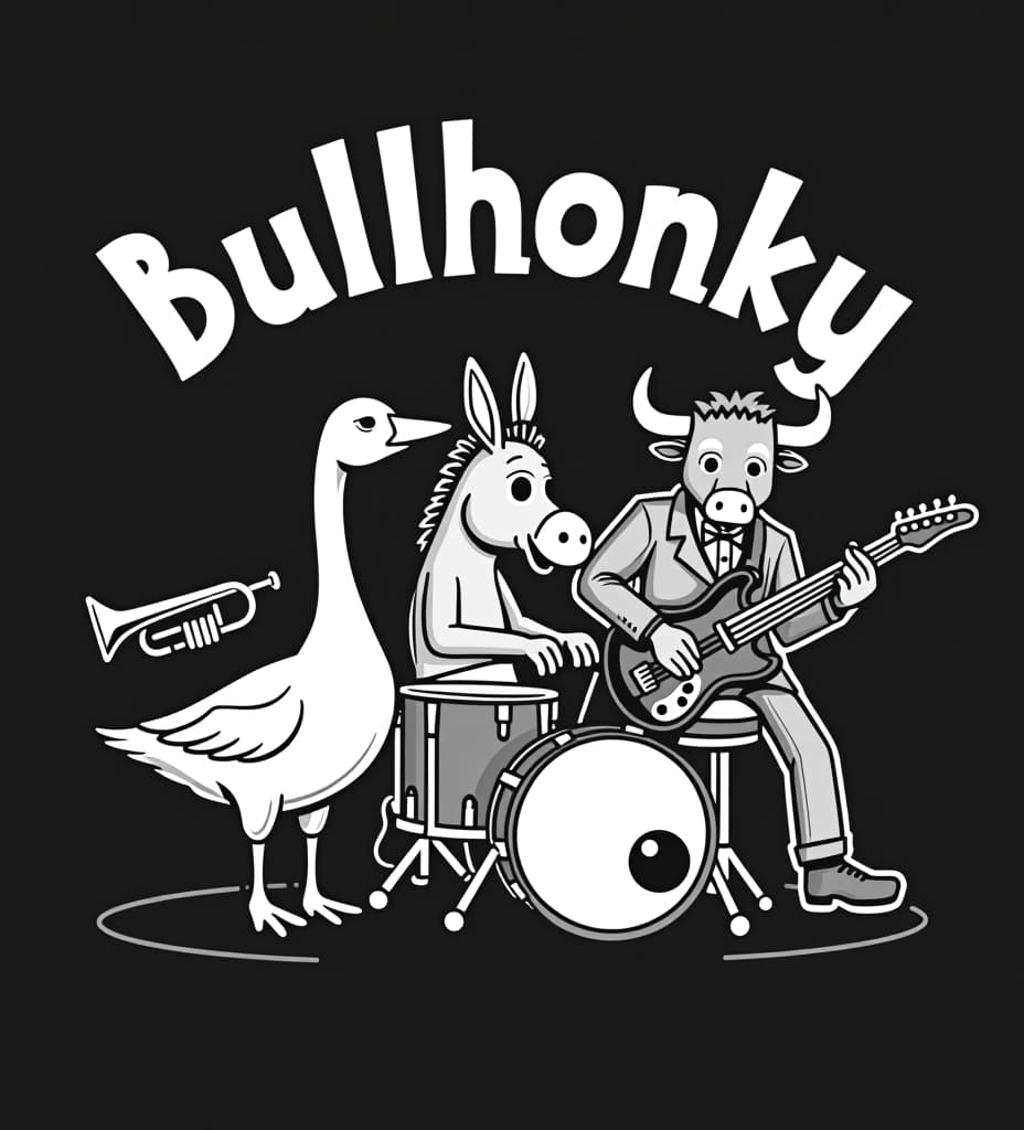  a black and white vector style logo for a band. there is a goose playing a trumpet, a donkey playing guitar, and a bull playing the drums. the words "bullhonky" above them.