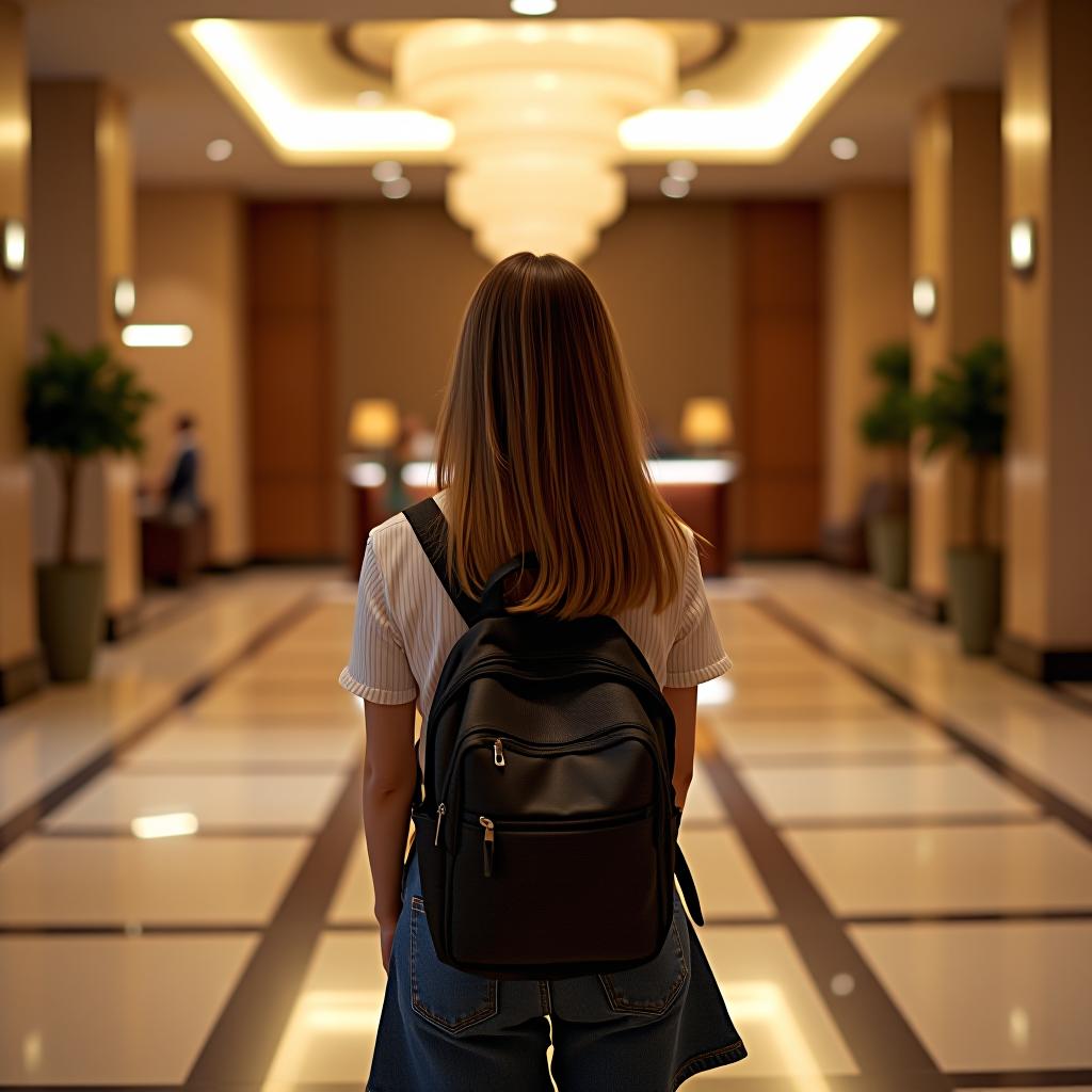  in the hotel lobby, a girl tourist is standing with her back to the camera at the reception.