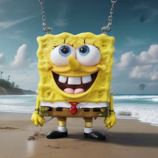 spongebob with diamond chains in Surrealist style with Nature background