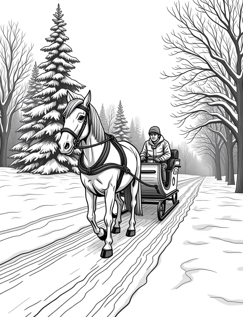  this is for an adult coloring page. a detailed black and white line art of a snowy horse drawn sleigh making its way through a snowy path on a solid white background.