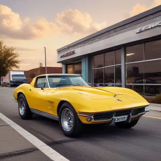 Chevrolet corvette On winding road with a Chevrolet dealership with Addison Chevrolet in the background in Comic Art style