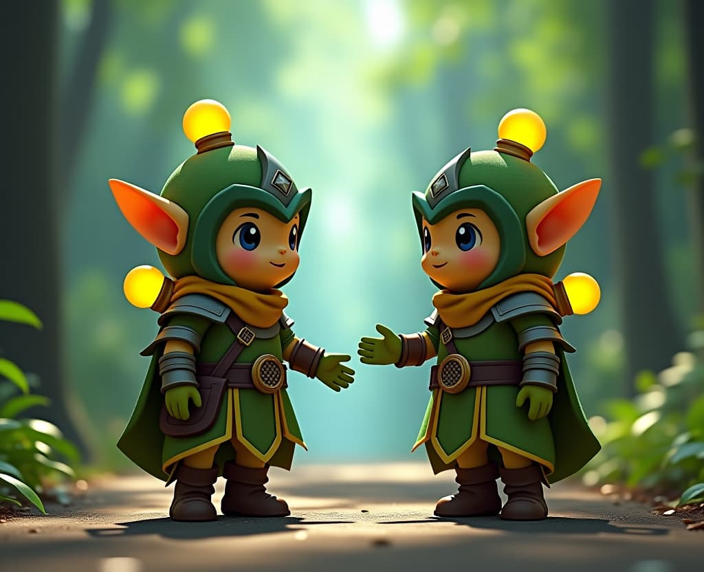  kawaii style the stage of the agro film, the elfishes are identical characters of the warcraft game, dressed in the lekg armor of green clothes as ray's star warrior with bulbs behind his back, arguing about something on the ancient road, the back plan of the mele jungle . cute, adorable, brightly colored, cheerful, anime influence, highly detailed hyperrealistic, full body, detailed clothing, highly detailed, cinematic lighting, stunningly beautiful, intricate, sharp focus, f/1. 8, 85mm, (centered image composition), (professionally color graded), ((bright soft diffused light)), volumetric fog, trending on instagram, trending on tumblr, HDR 4K, 8K