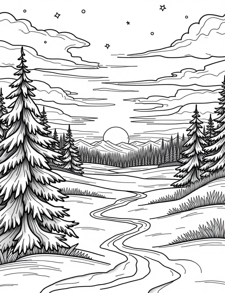  this is for an adult coloring page. a detailed black and white line art of a snowy winter sunrise over a snow covered landscape on a solid white background.