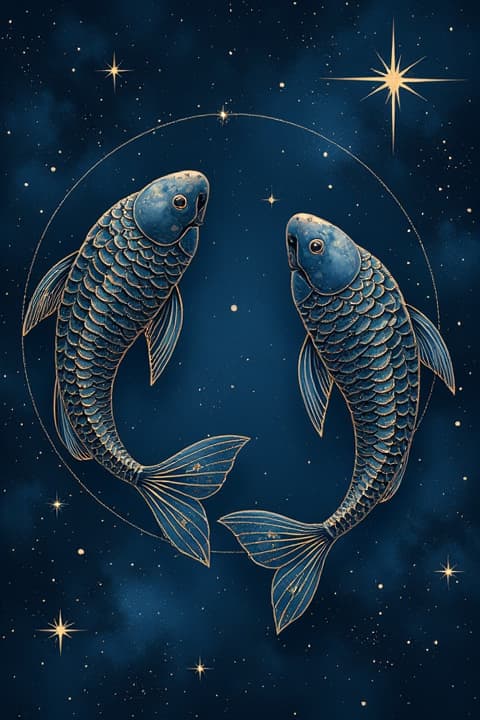  a beautifully detailed illustration of the constellation pisces, featuring two distinct fish swimming gracefully amidst a starry night sky. the fish are adorned with shimmering scales, reflecting the light from the stars surrounding them. a majestic crow perches elegantly on one of the stars, its feathers glossy and dark, contrasting with the twinkling celestial backdrop. the scene captures the ethereal beauty of the cosmos, emphasizing the connection between the constellation and the crow, creating a harmonious blend of nature and astronomy.