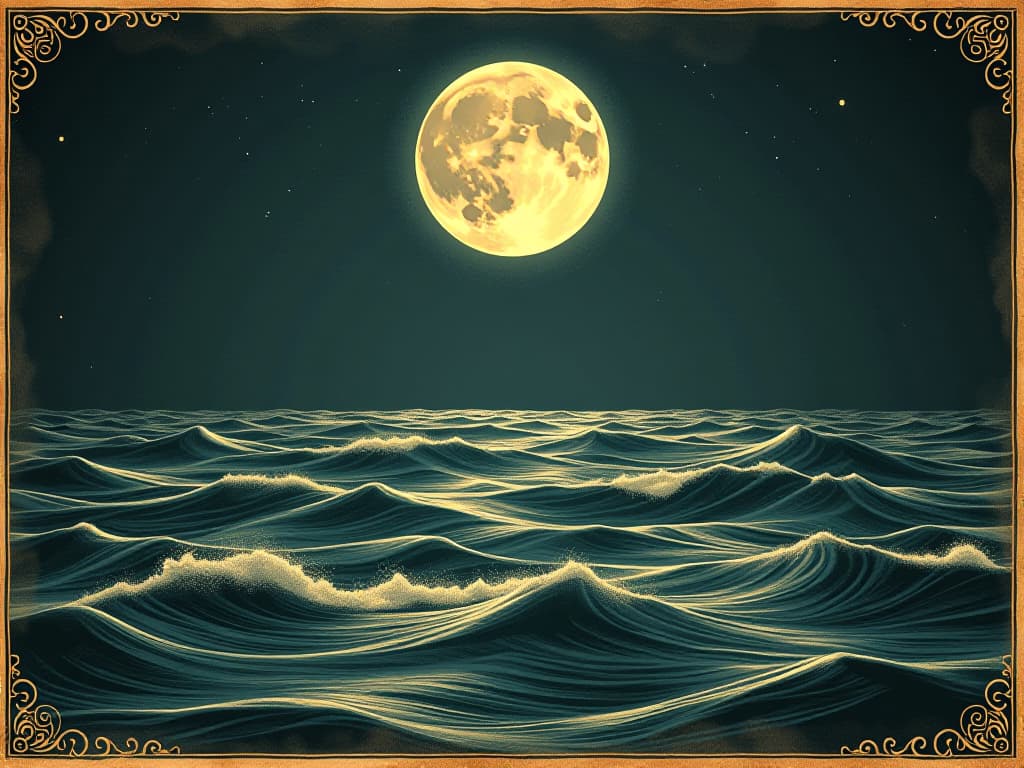  a vast ocean under a full moon, waves gently illuminated by moonlight, serene and tranquil, celestial influence, natural rhythm, cosmic tides. an illustration in the style of a worn, mystical old tarot trump card, mysterious and elements of surrealism. the colors are muted, somber and eerie, but with contrast bring out an occult and esoteric vibe.