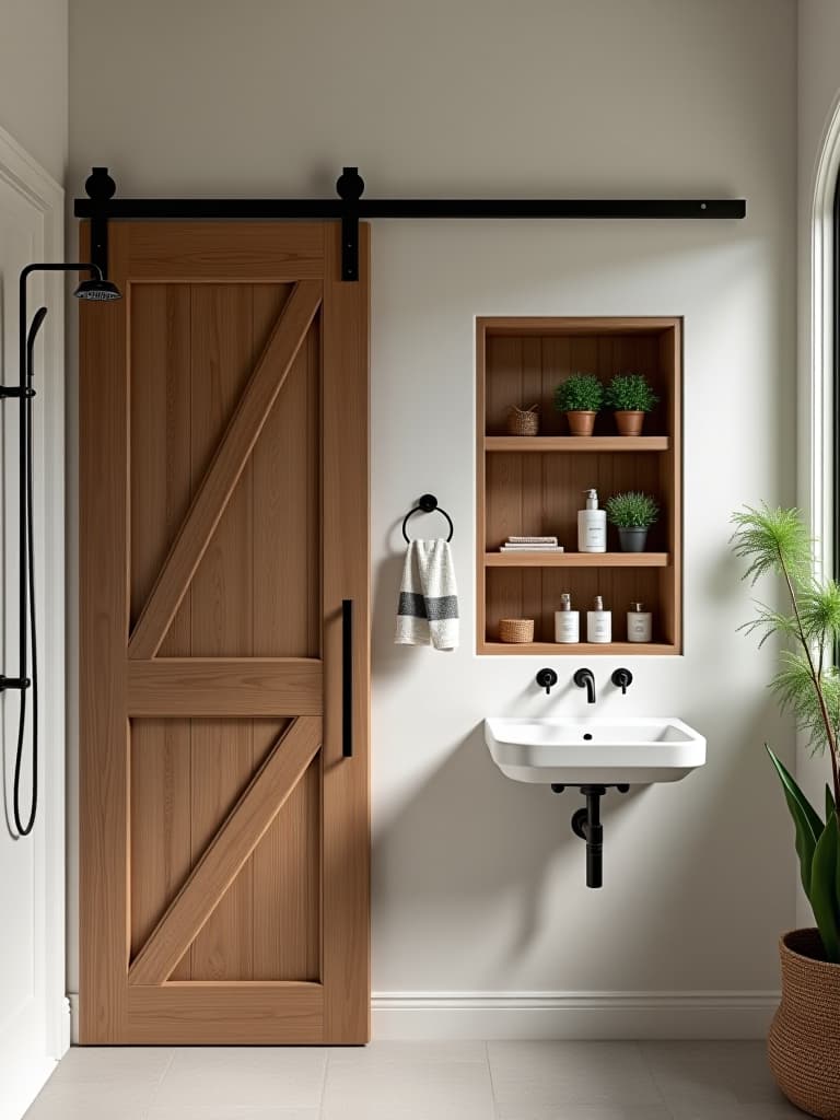  high quality portrait photo of a farmhouse inspired shower area with a sliding barn door, rain showerhead, and built in reclaimed wood shelving nook filled with plants and toiletries hyperrealistic, full body, detailed clothing, highly detailed, cinematic lighting, stunningly beautiful, intricate, sharp focus, f/1. 8, 85mm, (centered image composition), (professionally color graded), ((bright soft diffused light)), volumetric fog, trending on instagram, trending on tumblr, HDR 4K, 8K