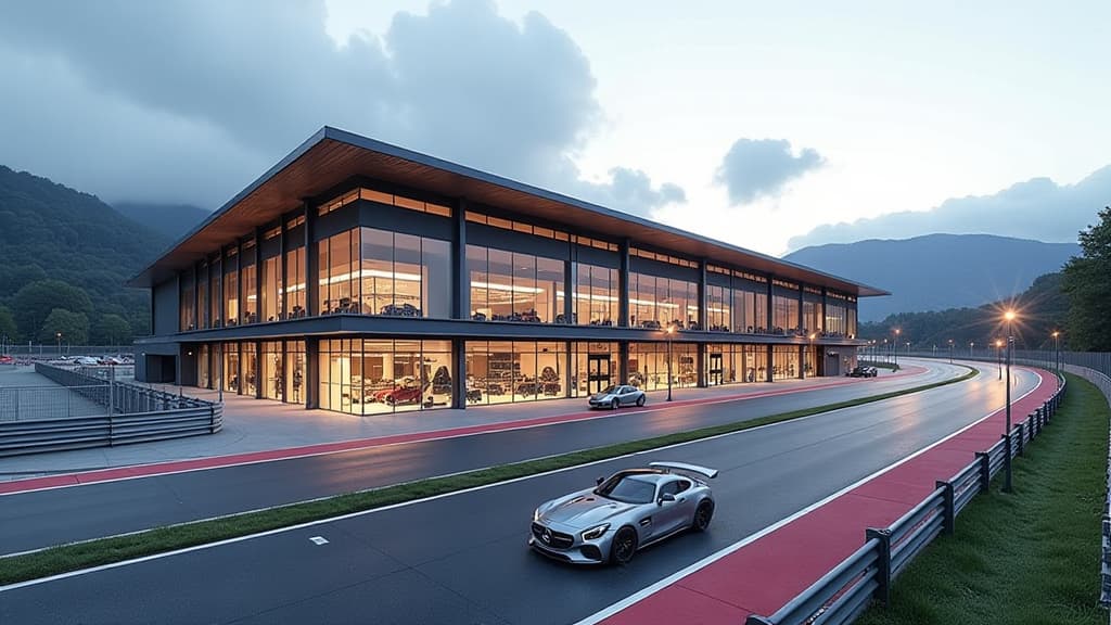  prompt: create a visually striking and detailed image showcasing the transformation of the ring°werk at the nürburgring into a cutting edge technology center. incorporate elements such as the renewed facade, new interior walls, the iconic ring°kino, and the innovative interactive museum. depict a dynamic composition highlighting the spacious 11,300 m² area for automotive industry partners, with workshop spaces, showrooms, offices, and meeting rooms. include the grand prix track access, empha