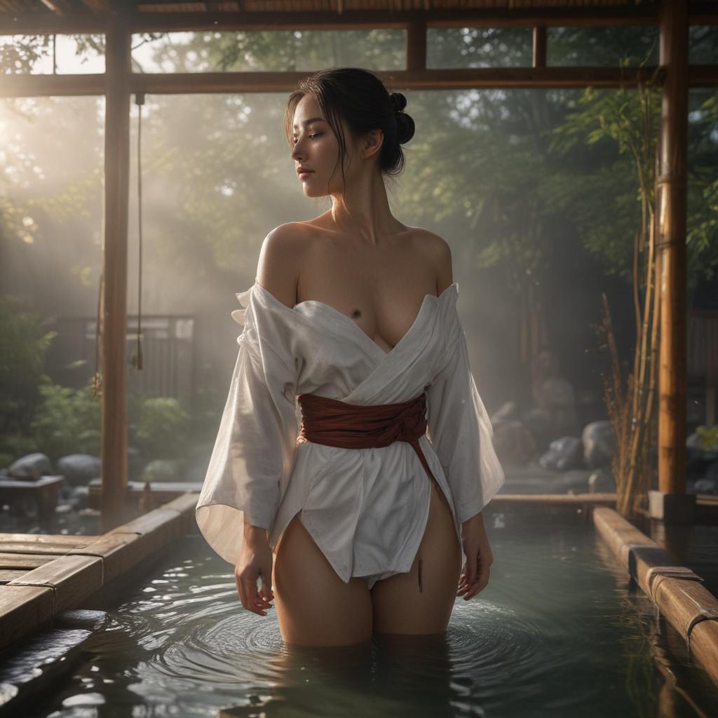 ((masterpiece)),(((best quality))), 8k, high detailed, ultra detailed, cute woman in onsen, woman, onsen, steam, bamboo, traditional Japanese architecture hyperrealistic, full body, detailed clothing, highly detailed, cinematic lighting, stunningly beautiful, intricate, sharp focus, f/1. 8, 85mm, (centered image composition), (professionally color graded), ((bright soft diffused light)), volumetric fog, trending on instagram, trending on tumblr, HDR 4K, 8K