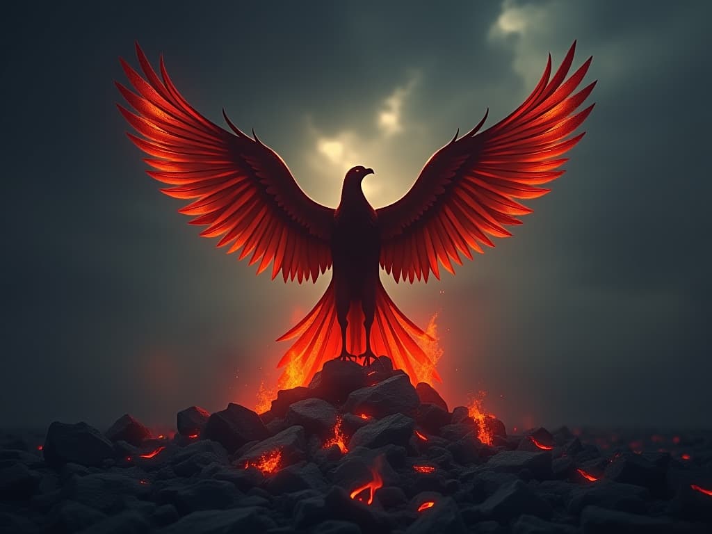  a phoenix rising from ashes, its wings glowing with new life. the ashes on the ground symbolize past failures, while the flight symbolizes new opportunities. the background shows a dark, thunderous sky clearing up. powerful, rebirth and rejuvenation, dark yet hopeful theme.. the style is dark fantasy and mysterious occult, symbolic, moody lighting, esoteric vibe,high detail on character design. for the color scheme emphasize blacks and reds.