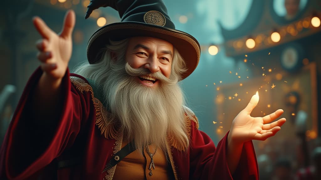  cheerful magician, high quality, high details, hd, perfect composition, 4k epic detailed, highly detailed, sharp focus, high resolution