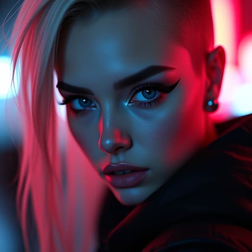  ultra realistic close up portrait ((beautiful pale cyberpunk female with heavy black eyeliner)), blue eyes, shaved side haircut, hyper detail, cinematic lighting, magic neon, dark red city, canon eos r3, nikon, f/1.4, iso 200, 1/160s, 8k, raw, unedited, symmetrical balance, in frame, 8k hyperrealistic, full body, detailed clothing, highly detailed, cinematic lighting, stunningly beautiful, intricate, sharp focus, f/1. 8, 85mm, (centered image composition), (professionally color graded), ((bright soft diffused light)), volumetric fog, trending on instagram, trending on tumblr, HDR 4K, 8K