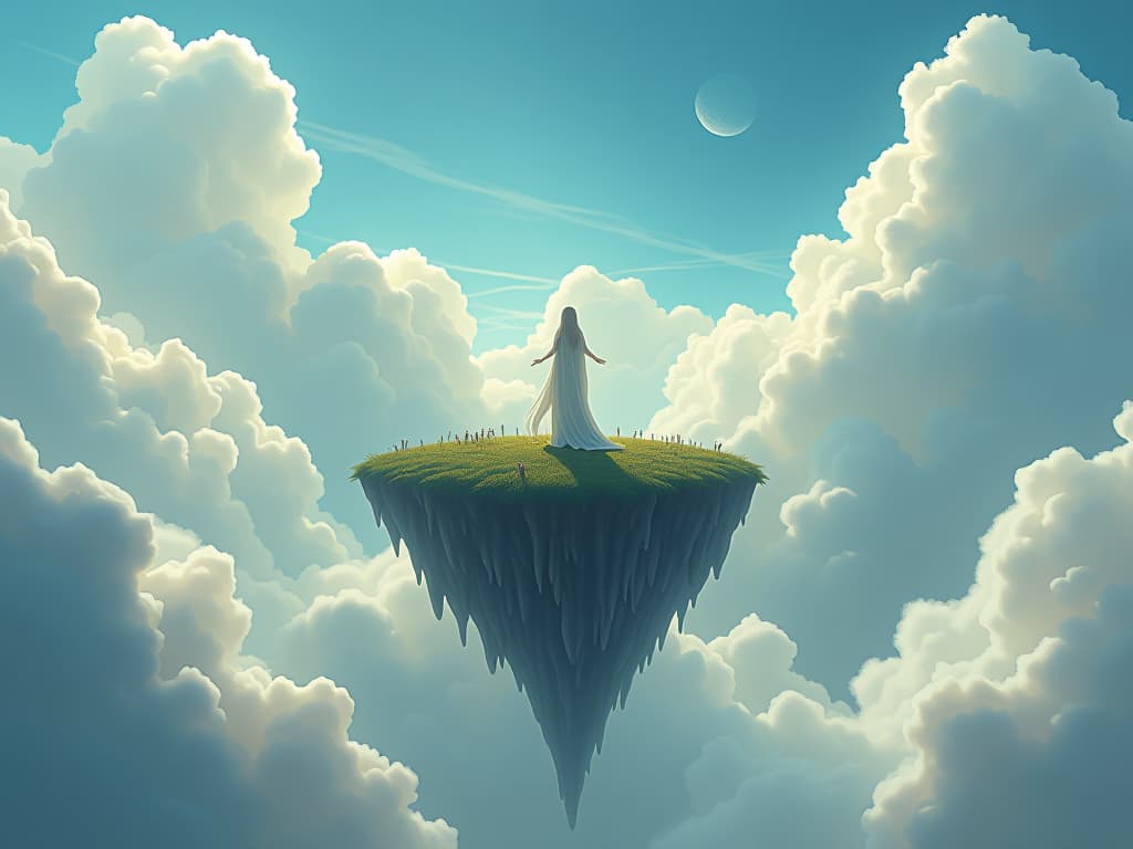  an ethereal figure standing detached on a floating island surrounded by serene clouds. they observe below with calm, the landscape beneath filled with chaotic beings scrambling. the atmosphere, tranquil detachment.. the style is digital art illustration,highly detailed, whimsical,magical, dreamlike atmosphere, realism and fantasy blend, smooth, glossy textures,luminous quality, wonder and enchantment.