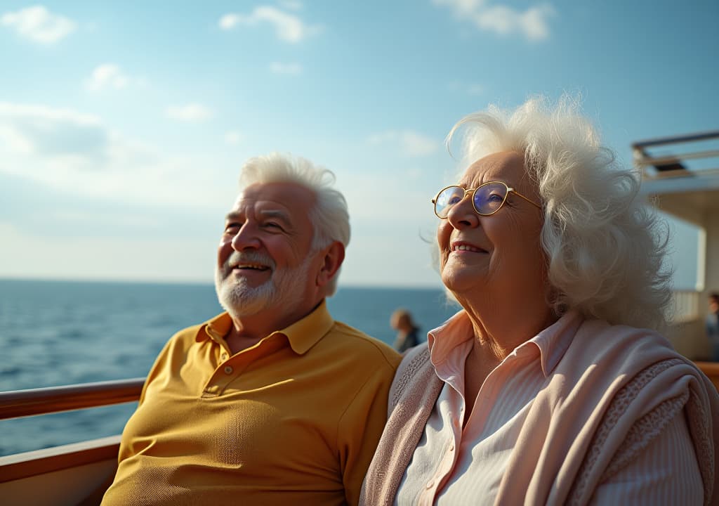  beautiful retired senior couple enjoying cruise vacation. senior man and woman having fun on a cruise ship. old man and old lady travelling by sea., high quality, high details, hd, perfect composition, 4k epic detailed, highly detailed, sharp focus, high resolution