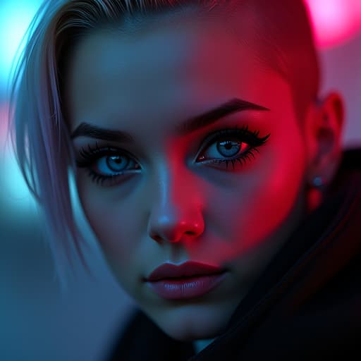  ultra realistic close up portrait ((beautiful pale cyberpunk female with heavy black eyeliner)), blue eyes, shaved side haircut, hyper detail, cinematic lighting, magic neon, dark red city, canon eos r3, nikon, f/1.4, iso 200, 1/160s, 8k, raw, unedited, symmetrical balance, in frame, 8k hyperrealistic, full body, detailed clothing, highly detailed, cinematic lighting, stunningly beautiful, intricate, sharp focus, f/1. 8, 85mm, (centered image composition), (professionally color graded), ((bright soft diffused light)), volumetric fog, trending on instagram, trending on tumblr, HDR 4K, 8K