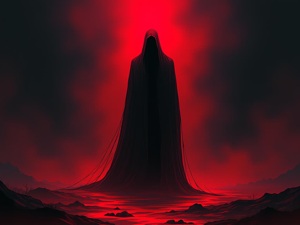  spectral figure in red, casting a long shadow, surrounding darkness, air of ominous foreboding. the style is digital art illustration / modern comic book / graphic dark novel fantasy and mysterious occult, symbolic, moody lighting, esoteric vibe,high detail on character design. for the color scheme emphasize blacks and reds.