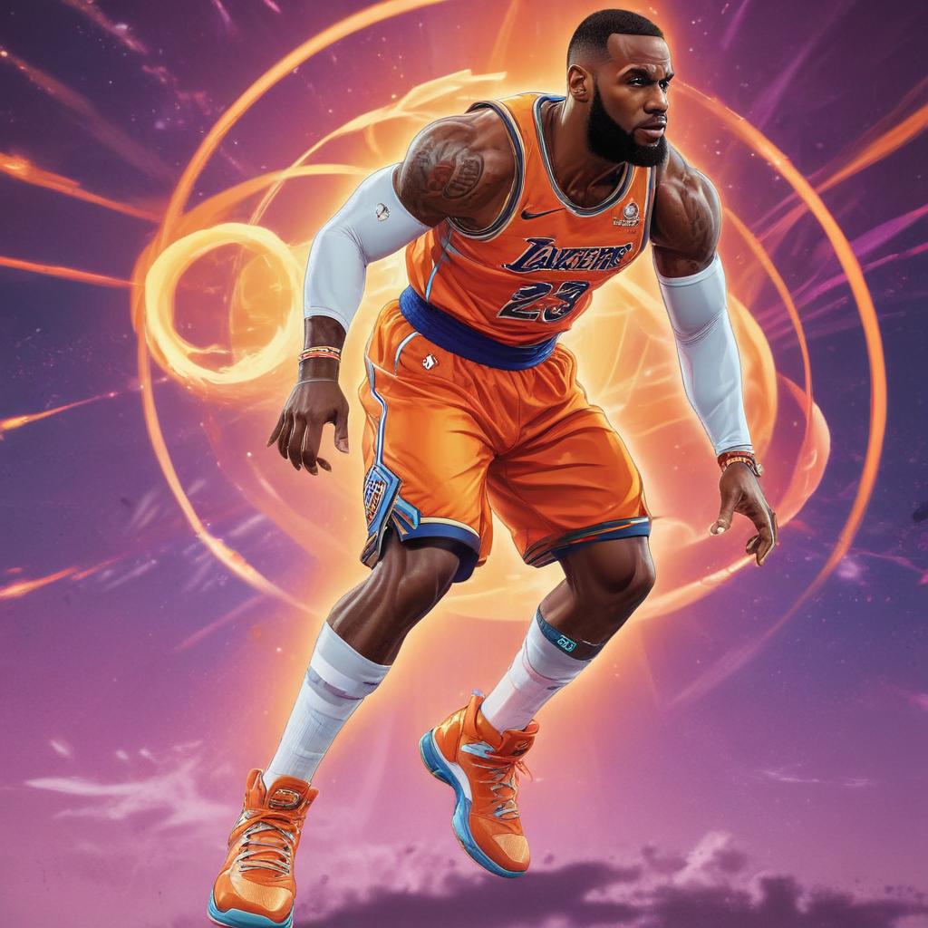 distance-shot, flashy, full-body, dynamic, holographic, animated cartoon poster of lebron james in the style of dragon ball super