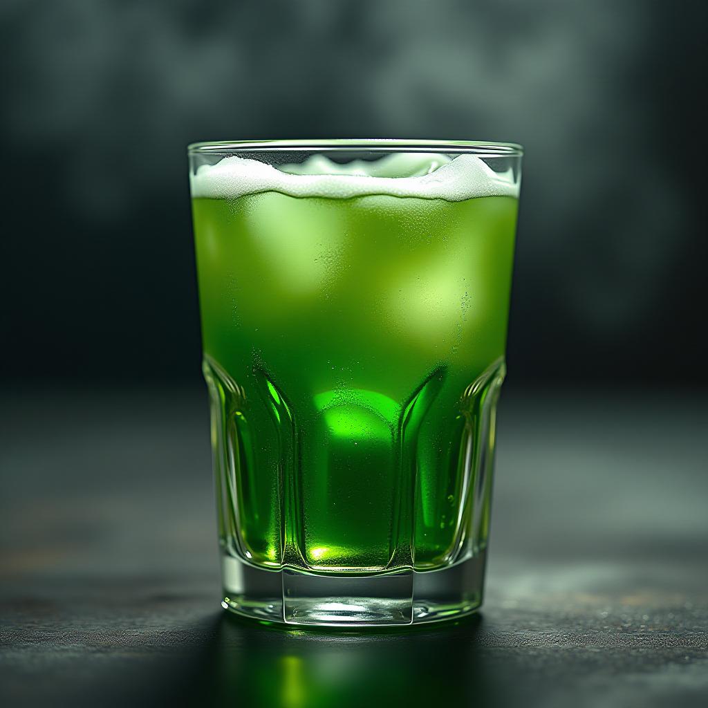  a glass with a green drink. hyperrealistic, full body, detailed clothing, highly detailed, cinematic lighting, stunningly beautiful, intricate, sharp focus, f/1. 8, 85mm, (centered image composition), (professionally color graded), ((bright soft diffused light)), volumetric fog, trending on instagram, trending on tumblr, HDR 4K, 8K