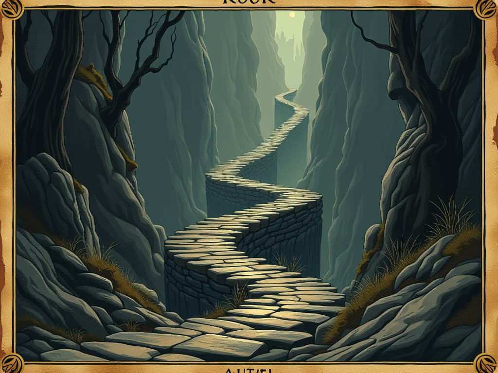  twisted, rocky path with obstacles and shadows lurking, but ahead is a glimmer of light, sense of difficulty, yet hope. an illustration in the style of a worn, mystical old tarot trump card, mysterious and elements of surrealism. the colors are muted, somber and eerie, but with contrast bring out an occult and esoteric vibe.