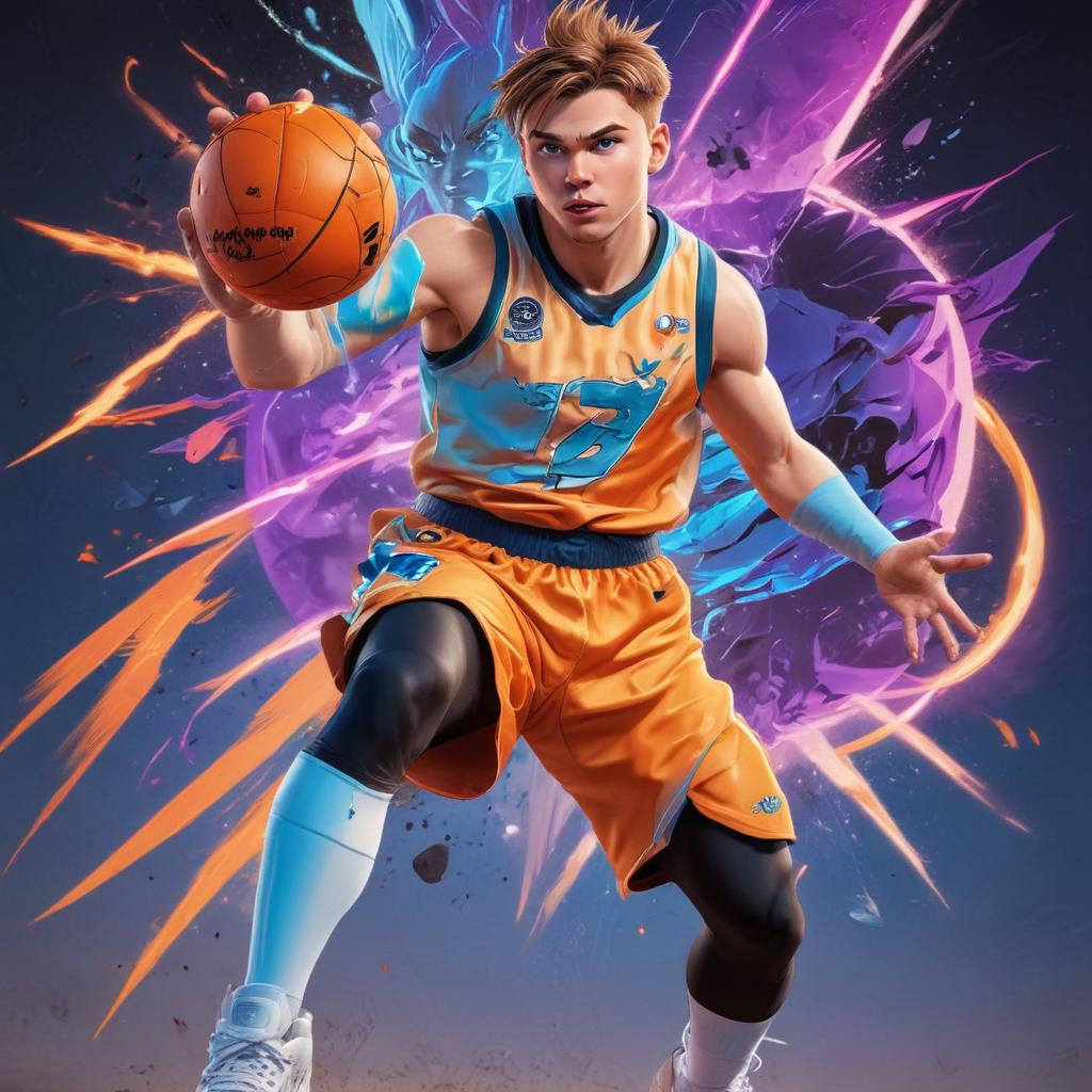 distance-shot, flashy, full-body, dynamic, holographic, animated cartoon poster of luka doncic in the style of dragon ball super