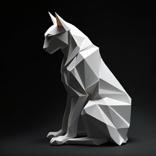  in a mesmerizing display of paper artistry, a striking "cat" comes to life. this paper creation embodies elegance with its sleek form and sharp, angular folds. the گربه's coat is a mesmerizing blend of white and black, each fold meticulously crafted to showcase the contrast between light and shadow. the bādmaq, a distinctive feature, stands out in pristine white against the dark backdrop. the geometric precision of this folded masterpiece captures the essence of minimalism, while intricate details draw the eye to the textured contours that bring depth to the image. the scene exudes a sense of quiet grace, inviting viewers to appreciate the artistry in simplicity. hyperrealistic, full body, detailed clothing, highly detailed, cinematic lighting, stunningly beautiful, intricate, sharp focus, f/1. 8, 85mm, (centered image composition), (professionally color graded), ((bright soft diffused light)), volumetric fog, trending on instagram, trending on tumblr, HDR 4K, 8K