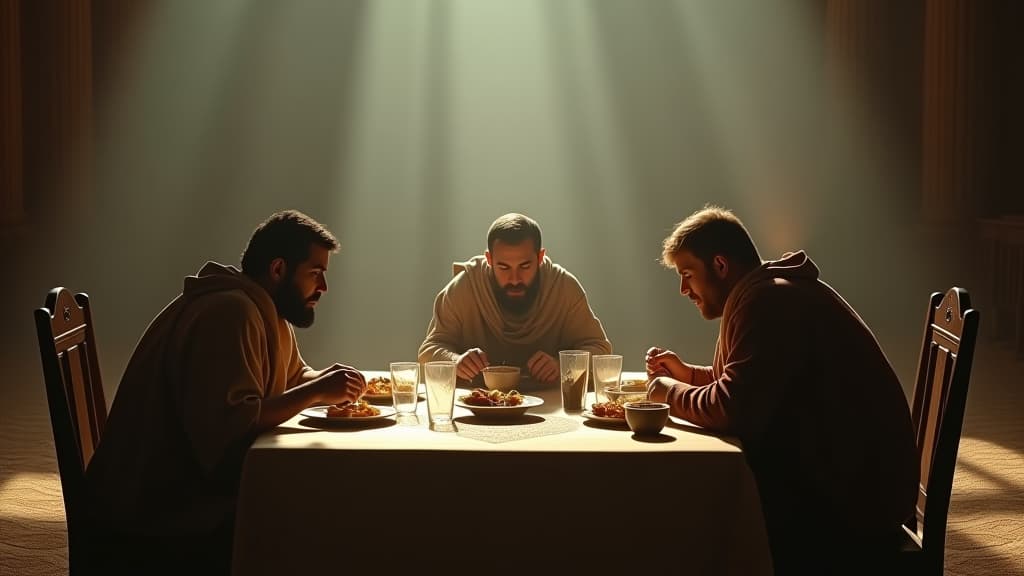  history of biblical times, the brothers sitting down to eat while joseph is trapped in the empty pit. hyperrealistic, full body, detailed clothing, highly detailed, cinematic lighting, stunningly beautiful, intricate, sharp focus, f/1. 8, 85mm, (centered image composition), (professionally color graded), ((bright soft diffused light)), volumetric fog, trending on instagram, trending on tumblr, HDR 4K, 8K