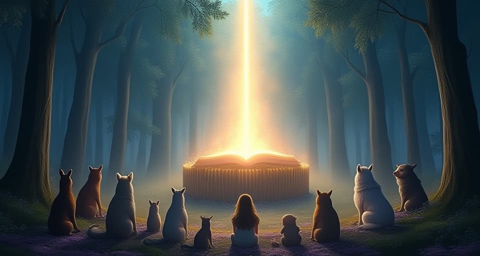  an ethereal pulpit glowing under a canopy of bright, celestial lights. gathered below are an array of mystical creatures, their expressions awestruck as luminous words of divine wisdom echo across the forest.. the style is digital art illustration,highly detailed, whimsical,magical, dreamlike atmosphere, realism and fantasy blend, smooth, glossy textures,luminous quality, wonder and enchantment.