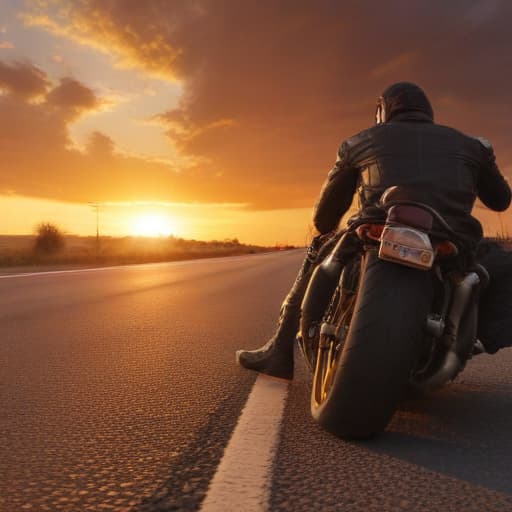 Imagine a scene on a long, empty road stretching into the distance. On this road, there's a biker lying down beside their motorcycle, looking visibly frustrated and lost in thought. The biker's expression conveys mental exhaustion and anger, perhaps with a backdrop of a sunset casting a warm, orange glow over the scene