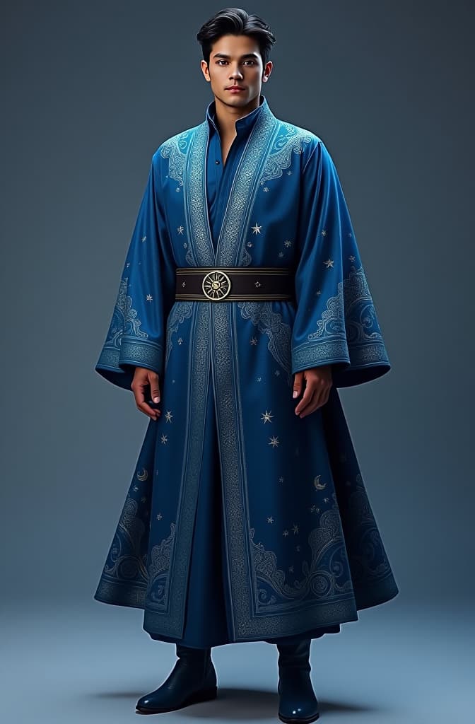  matteo’s style and appearance clothing: robe: matteo wears a flowing robe in shades of twilight blue and starlight silver, symbolizing his startouch heritage. the robe has intricate celestial patterns embroidered with threads that shimmer subtly, resembling constellations. belt: a sash belt with a crescent moon and star motif cinches his robe at the waist, giving him a more streamlined look. the belt also has small, decorative pouches for carrying magical trinkets or small items. boots: he sports soft, knee high leather boots dyed a deep indigo, ideal for both travel and the delicate environments of the celestial elves. accessories: matteo’s robe features a high collar and flowing sleeves, which can be adjusted to his preference. he wea hyperrealistic, full body, detailed clothing, highly detailed, cinematic lighting, stunningly beautiful, intricate, sharp focus, f/1. 8, 85mm, (centered image composition), (professionally color graded), ((bright soft diffused light)), volumetric fog, trending on instagram, trending on tumblr, HDR 4K, 8K