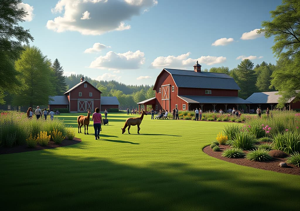  a picturesque scene at riverdale farm, featuring heritage barns, friendly farm animals, lush gardens, and visitors enjoying a leisurely stroll and picnics, all set against the backdrop of the scenic don river and woodlands., in the style of photorealistic hyperrealistic, full body, detailed clothing, highly detailed, cinematic lighting, stunningly beautiful, intricate, sharp focus, f/1. 8, 85mm, (centered image composition), (professionally color graded), ((bright soft diffused light)), volumetric fog, trending on instagram, trending on tumblr, HDR 4K, 8K