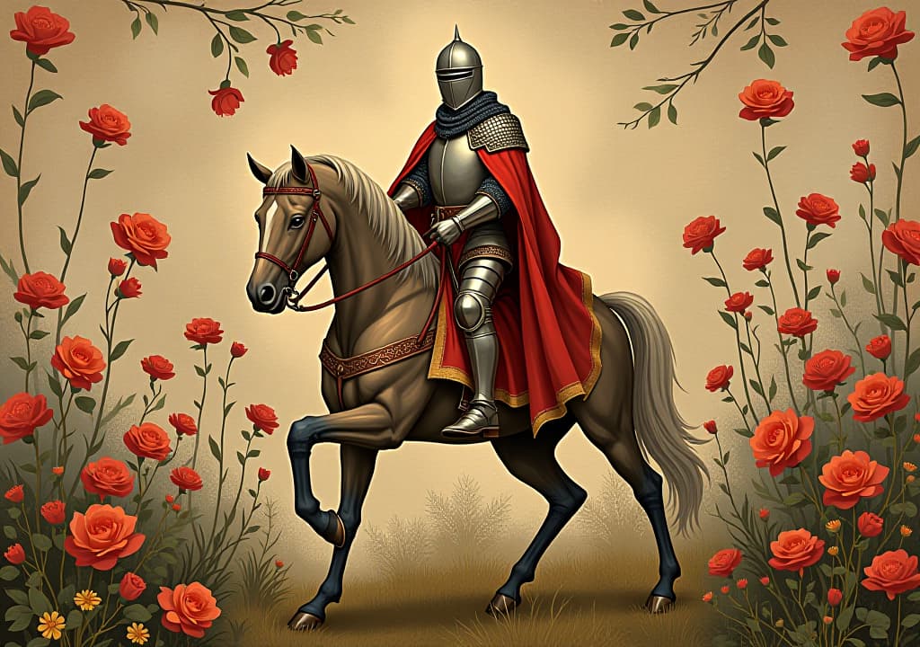  medieval style painting illustration of a knight on his horse against a floral background