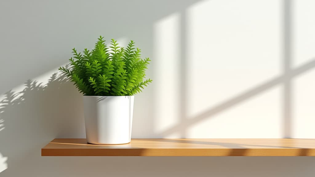  a simple white planter holding a vibrant green plant, casting elegant shadows on a minimalist wooden shelf.