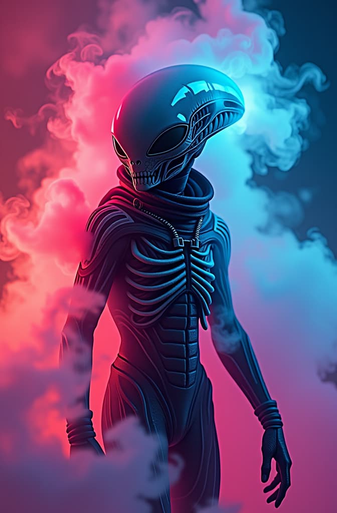  alien from area 51, rainbow colored smoke by josan gonzales, outlined by whirling illuminated neon lines, outrun, vaporware, shaded flat illustration, digital art, trending on artstation, highly detailed, fine detail, intricate hyperrealistic, full body, detailed clothing, highly detailed, cinematic lighting, stunningly beautiful, intricate, sharp focus, f/1. 8, 85mm, (centered image composition), (professionally color graded), ((bright soft diffused light)), volumetric fog, trending on instagram, trending on tumblr, HDR 4K, 8K