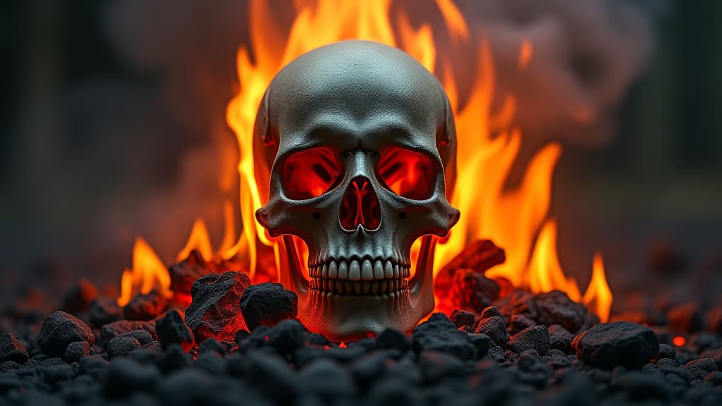  a skull is surrounded by fire and ash, creating a sense of danger