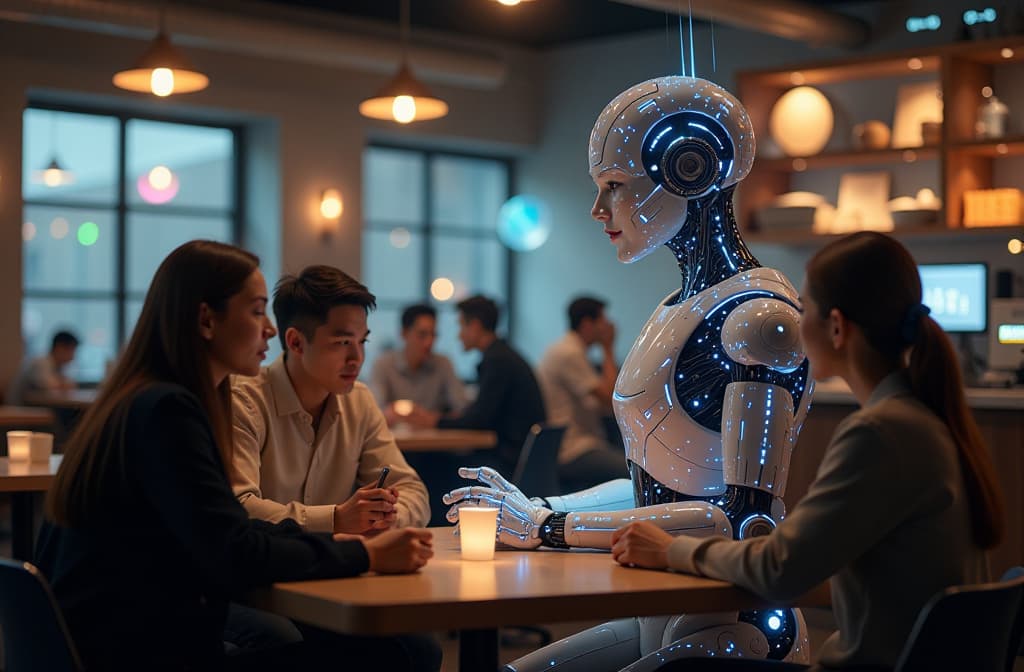  "visualize an advanced artificial intelligence interface in a futuristic setting, glowing softly with circuits and data streams. the scene features a humanoid robot with expressive, digital facial features, interacting with a diverse group of people in a cozy, high tech café. surrounding them are holographic displays showing flowing text and images, symbolizing dynamic conversations and the exchange of ideas, all immersed in a warm ambient light." hyperrealistic, full body, detailed clothing, highly detailed, cinematic lighting, stunningly beautiful, intricate, sharp focus, f/1. 8, 85mm, (centered image composition), (professionally color graded), ((bright soft diffused light)), volumetric fog, trending on instagram, trending on tumblr, HDR 4K, 8K