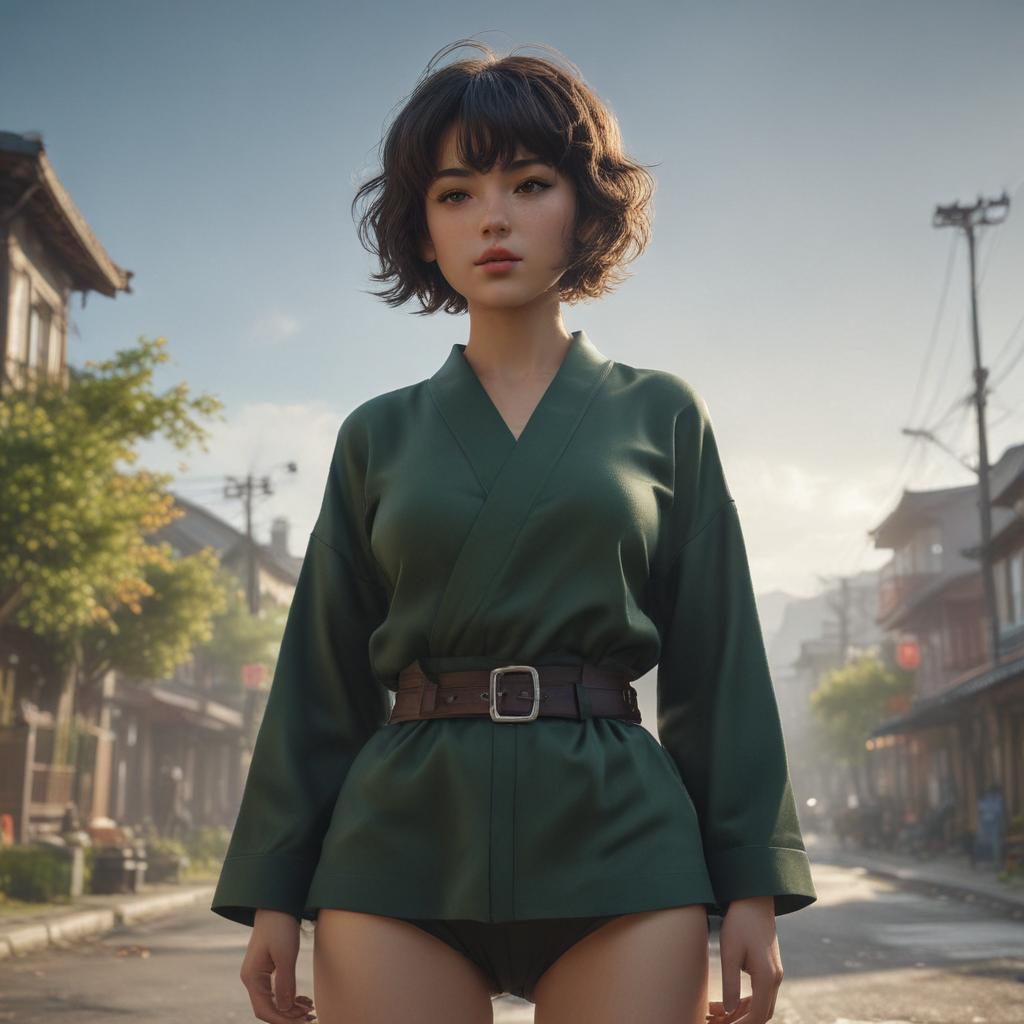 ((masterpiece)),(((best quality))), 8k, high detailed, ultra detailed, Tatsumaki with short hair and bangs in the windy outdoors, dynamic angle:1.3, disheveled hair, revealing clothes, legs apart hyperrealistic, full body, detailed clothing, highly detailed, cinematic lighting, stunningly beautiful, intricate, sharp focus, f/1. 8, 85mm, (centered image composition), (professionally color graded), ((bright soft diffused light)), volumetric fog, trending on instagram, trending on tumblr, HDR 4K, 8K