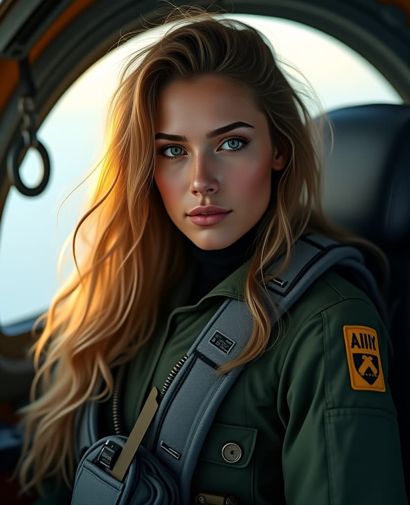  the is a military pilot. s. long hair. angar of combat flight equipment. hyperrealistic, full body, detailed clothing, highly detailed, cinematic lighting, stunningly beautiful, intricate, sharp focus, f/1. 8, 85mm, (centered image composition), (professionally color graded), ((bright soft diffused light)), volumetric fog, trending on instagram, trending on tumblr, HDR 4K, 8K