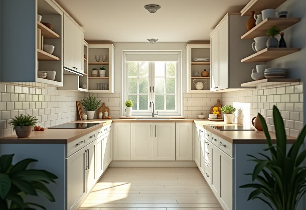  a landscape photo of a bright, airy small kitchen with white cabinets, open shelving, and a large mirror reflecting natural light, creating an illusion of spaciousness hyperrealistic, full body, detailed clothing, highly detailed, cinematic lighting, stunningly beautiful, intricate, sharp focus, f/1. 8, 85mm, (centered image composition), (professionally color graded), ((bright soft diffused light)), volumetric fog, trending on instagram, trending on tumblr, HDR 4K, 8K