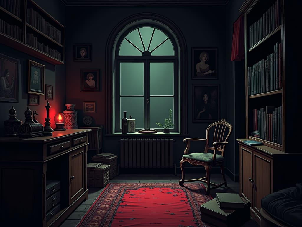  darkened room, filled with sorrow laden mementos, dim light casting eerie shadows, items with sense of history. the style is digital art illustration / modern comic book / graphic dark novel fantasy and mysterious occult, symbolic, moody lighting, esoteric vibe,high detail on character design. for the color scheme emphasize blacks and reds.