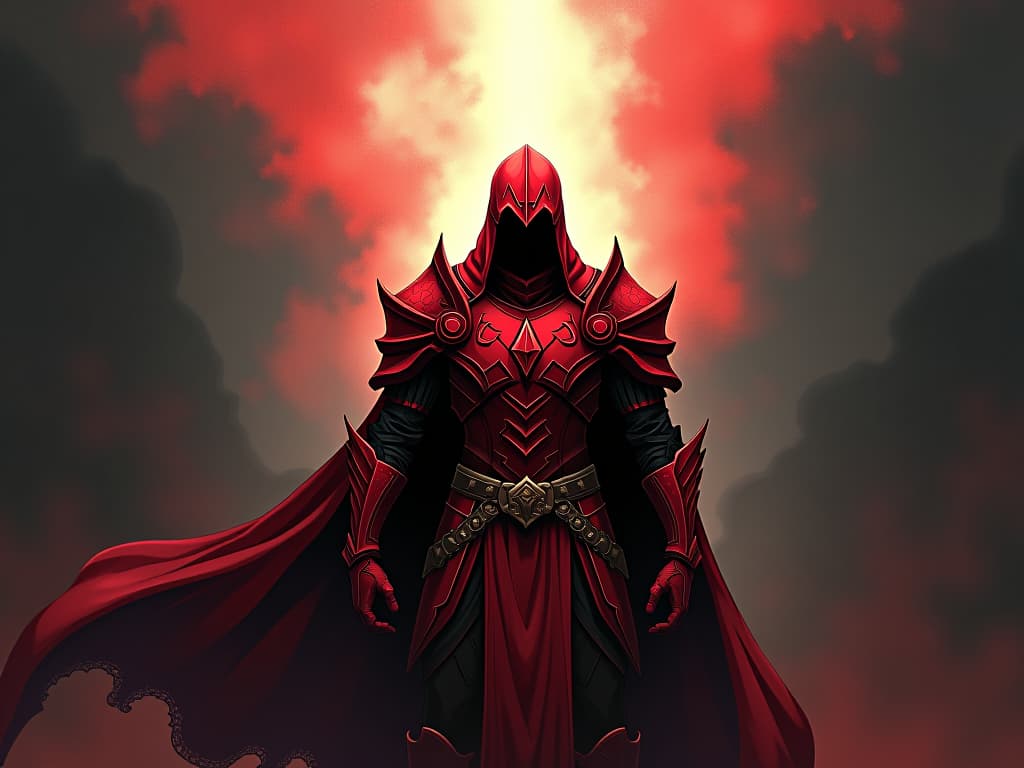  warrior in red armor, standing under celestial light, aura of resilience and guidance. the style is digital art illustration / modern comic book / graphic dark novel fantasy and mysterious occult, symbolic, moody lighting, esoteric vibe,high detail on character design. for the color scheme emphasize blacks and reds.