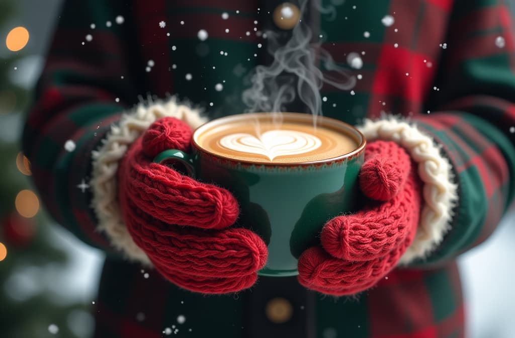  christmas card, your hands in mittens, christmas colors, holding a cup of hot coffee with steam, like you are looking at this cup, festive atmosphere, light snowy background, ar 3:2 {prompt}, maximum details