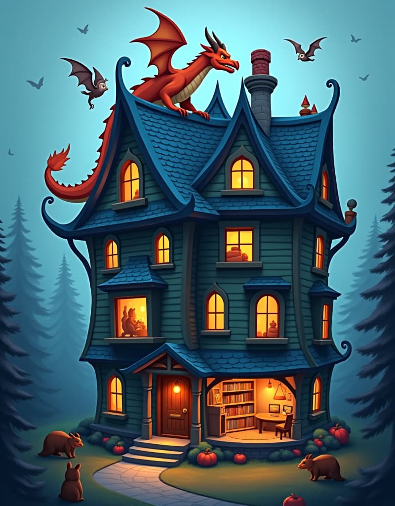  a whimsical, detailed digital illustration of a magical dragon house. the house is tall, blue, and has multiple floors with glowing windows. it's adorned with dragon scale shingles and crooked chimneys. a large orange dragon emerges from the roof, its scales gleaming. smaller dragons, owls, and magical creatures inhabit the house and surroundings. the interior rooms are warm and cozy, filled with books and magical artifacts. forest animals like bears and rabbits gather at the base. the scene is hyper detail, intricate details, sharp focus, high resolution, 8k, ultra detailed, vib